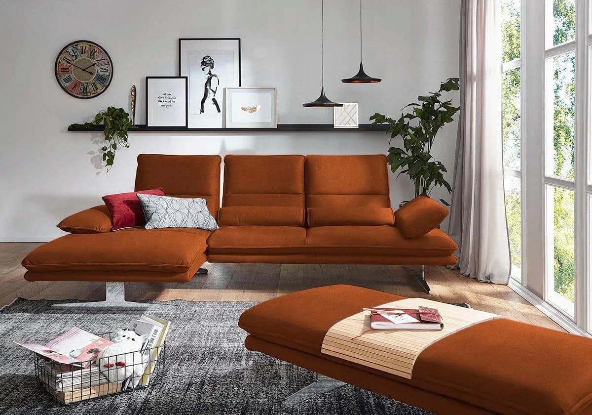 W.SCHILLIG Ecksofa Broadway L-Form Cognac Leder mit Verstellfunktion