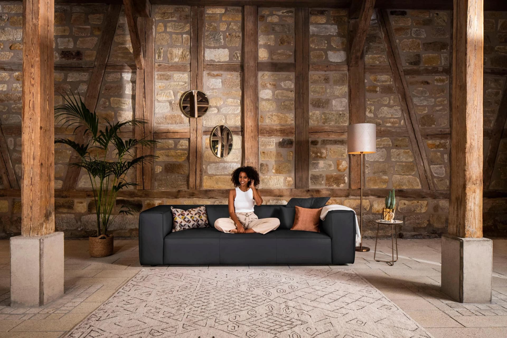 W.SCHILLIG 3-Sitzer Sofa around-the-block Schwarz Leder