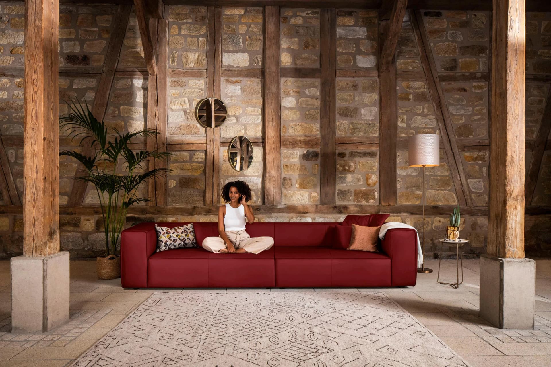 W.SCHILLIG 4-Sitzer Sofa around-the-block Ruby Rot Leder