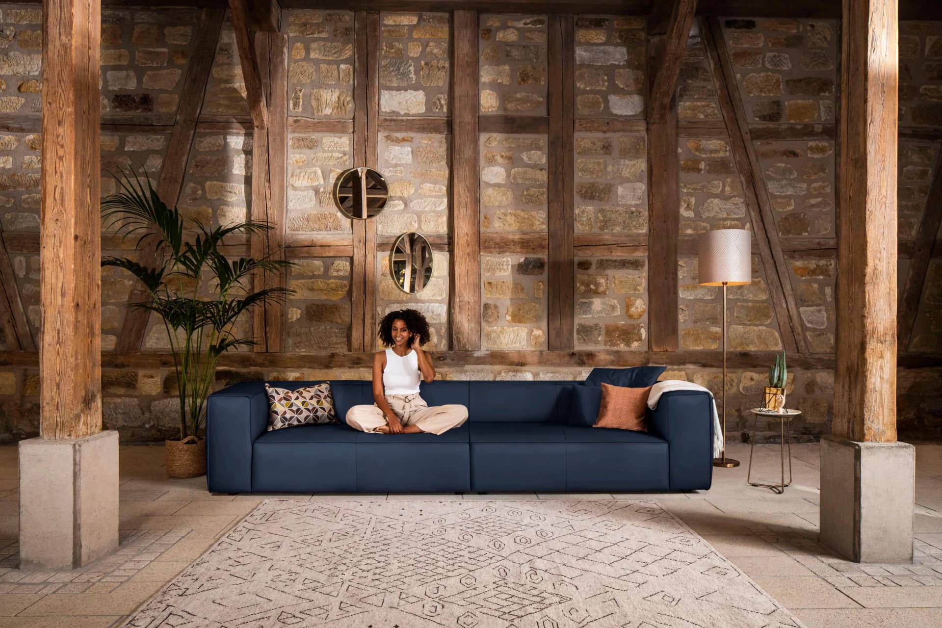 W.SCHILLIG 4-Sitzer Sofa around-the-block Blau Leder