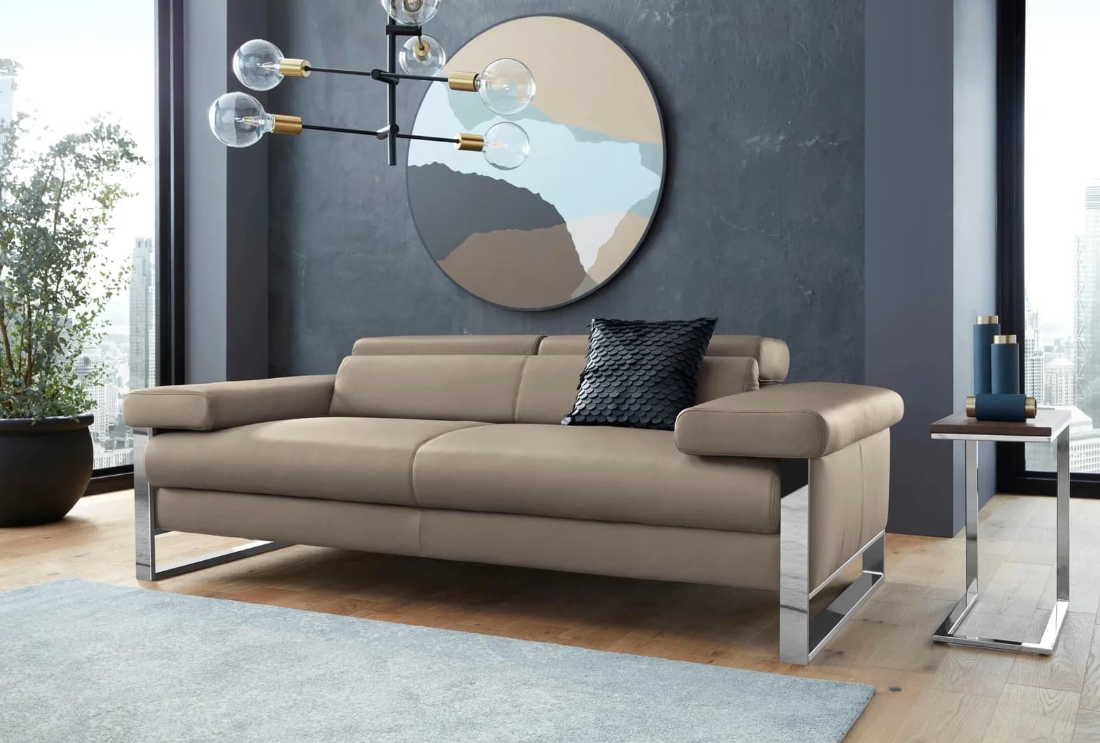 W.SCHILLIG finn 2-Sitzer Sofa braun Leder mit Sitztiefenverstellung