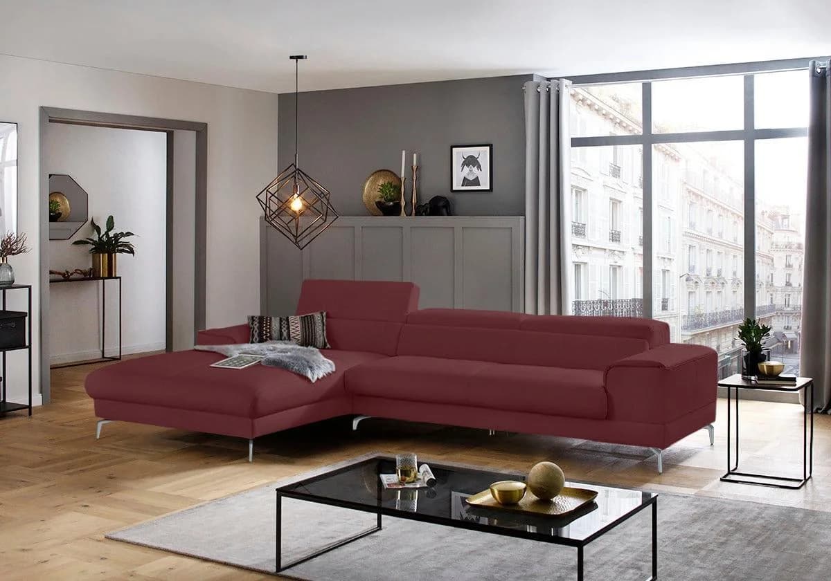W.SCHILLIG Ecksofa piedroo Burgundy Leder L-Form mit Kopfteilverstellung