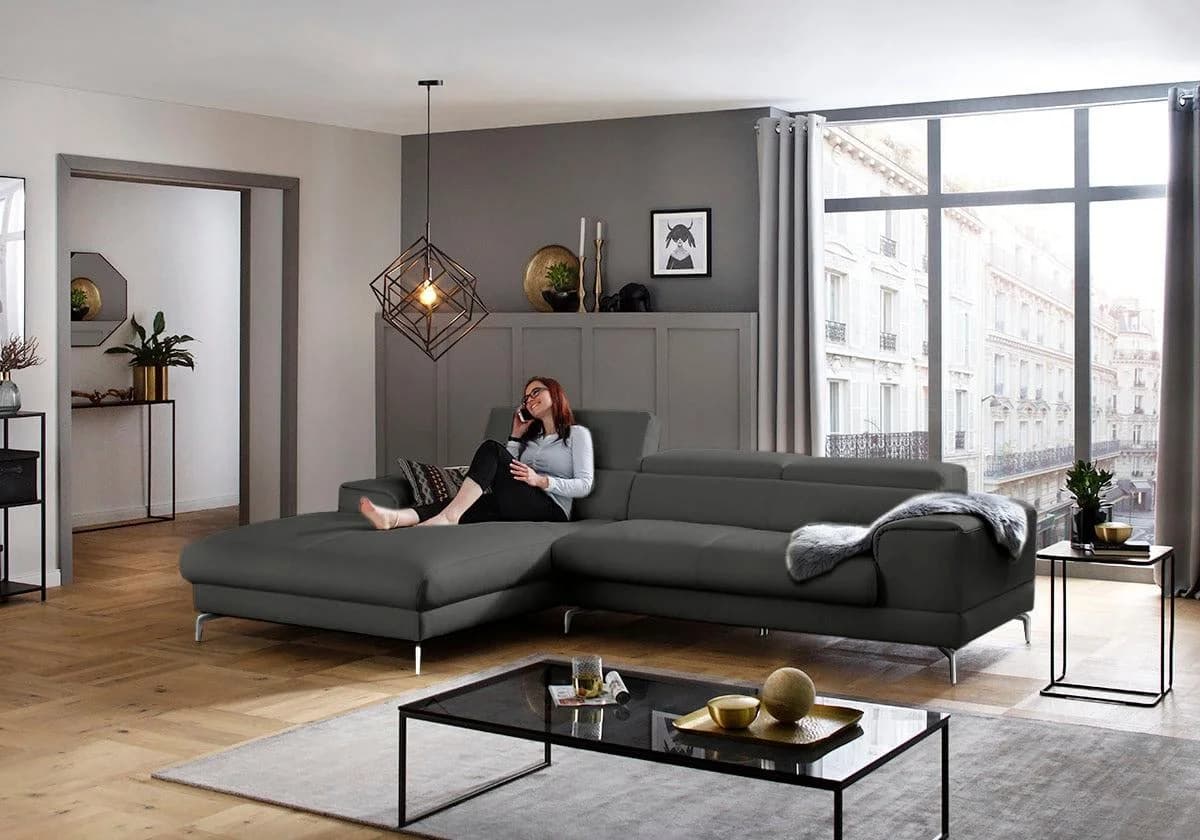 W.SCHILLIG Ecksofa piedroo Anthrazit Leder mit Sitztiefenverstellung