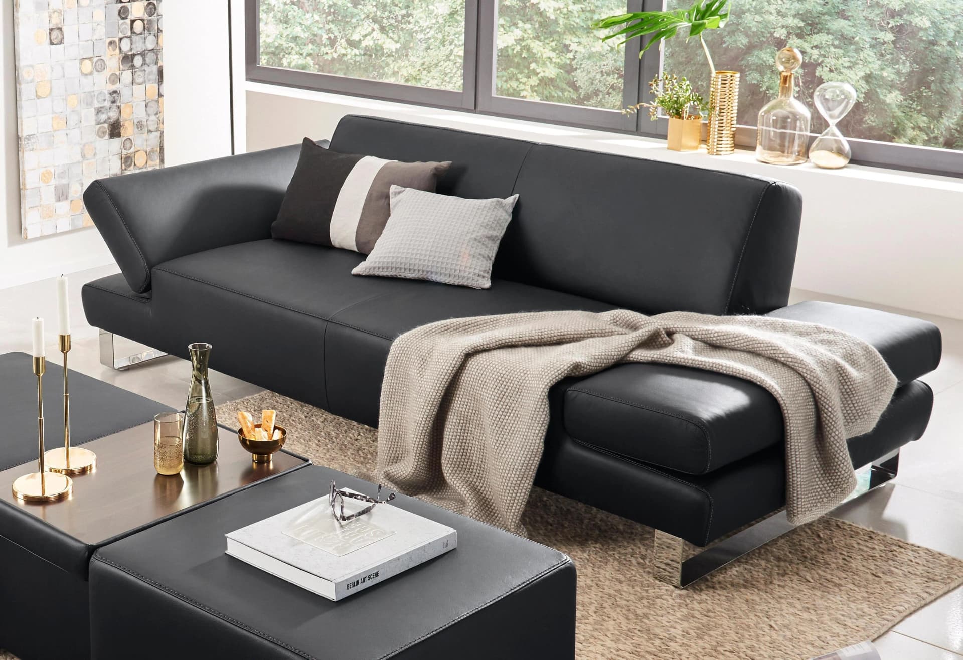W.SCHILLIG 3-Sitzer Sofa "taboo" Schwarz Leder mit Armlehnenverstellung