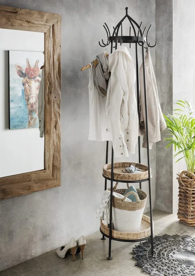 More2Home Garderobenständer HANG Vintage Schwarz mit Mangoholzablagen