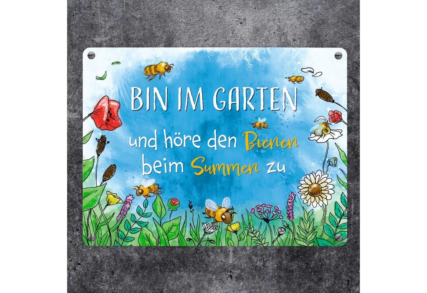 speecheese Metallschild Bin im Garten 15x20 cm Blumenwiese Bienen