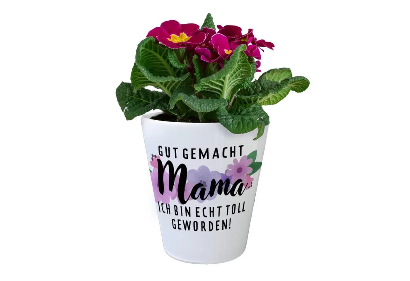 speecheese Blumentopf mit Spruch „Gut gemacht, Mama“ und Blumenmotiv
