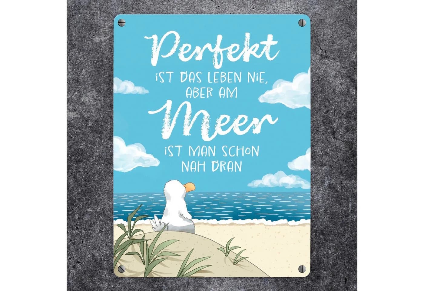 speecheese Metallschild Möwe am Strand 15x20 cm mit Spruch