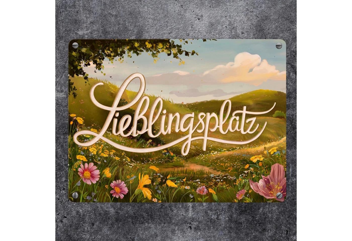 speecheese Metallschild Lieblingsplatz Blumenwiese Vintage