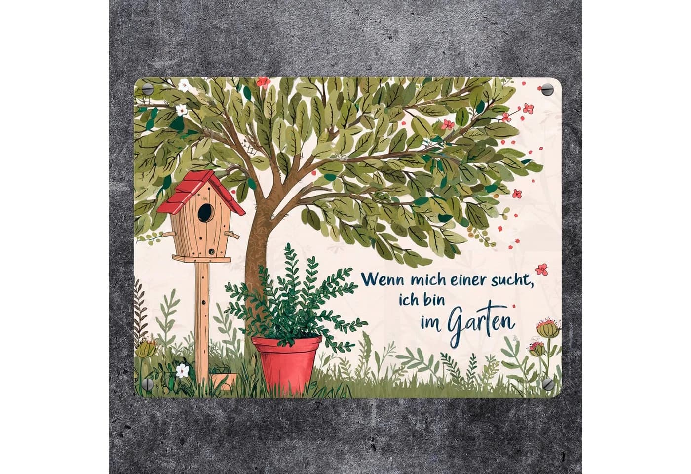 speecheese Metallschild „Wenn mich einer sucht ich bin im Garten“ mit Baum-Motiv