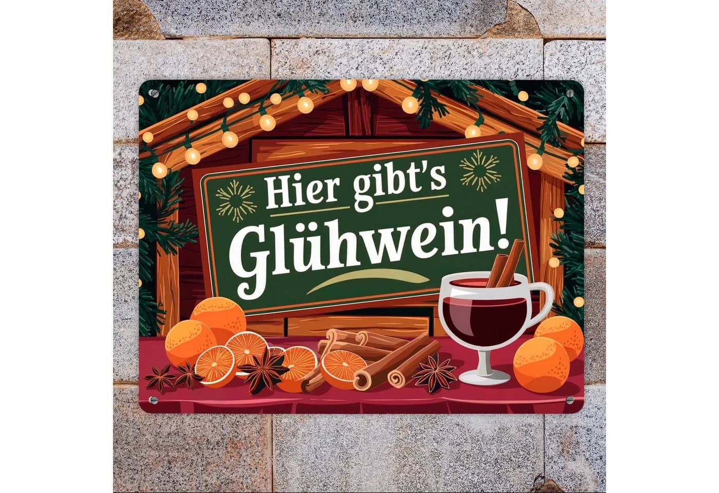 speecheese Metallschild Hier gibts Glühwein Weihnachtsmarkt XXL