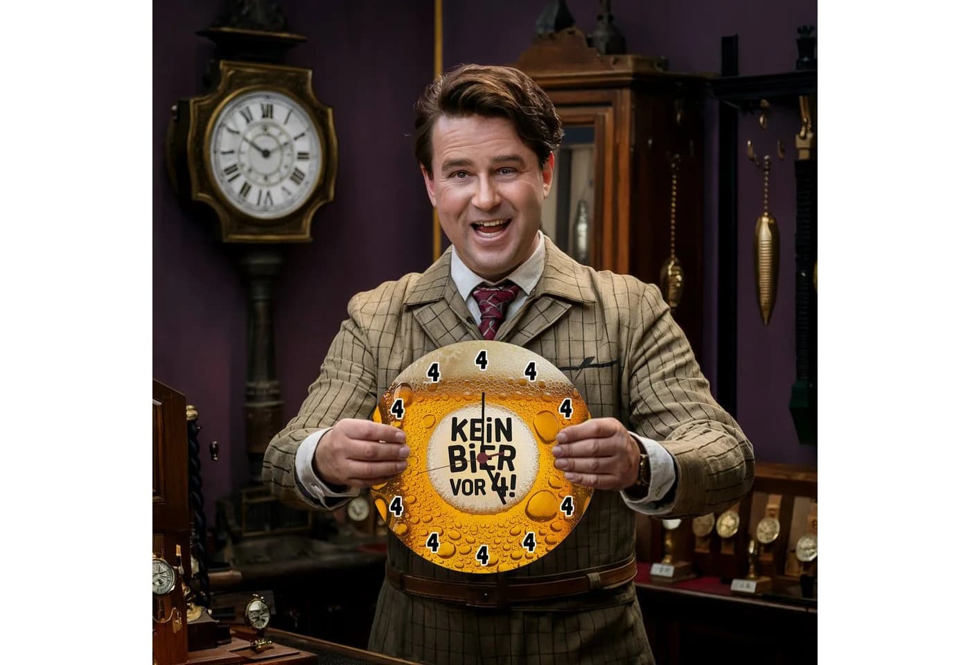 speecheese Wanduhr 'Kein Bier vor 4!' Aluminium Silber/Gelb