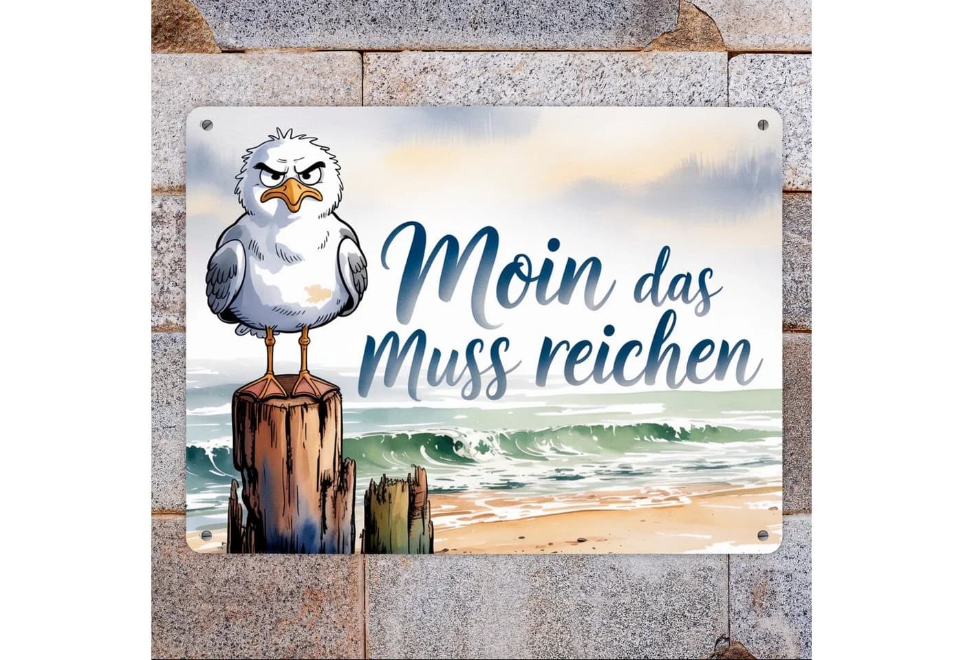 speecheese Metallschild Möwe Aquarell Moin Spruch XXL 28x38 cm