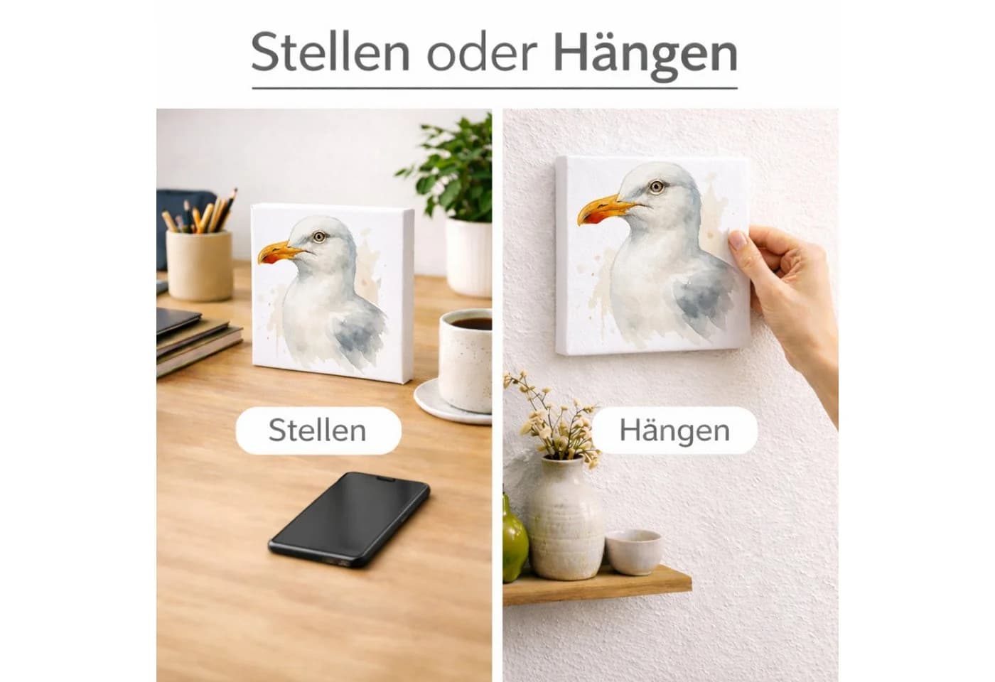 speecheese Holzbild Vogelparade Aquarell Möwe Weiß/Orange