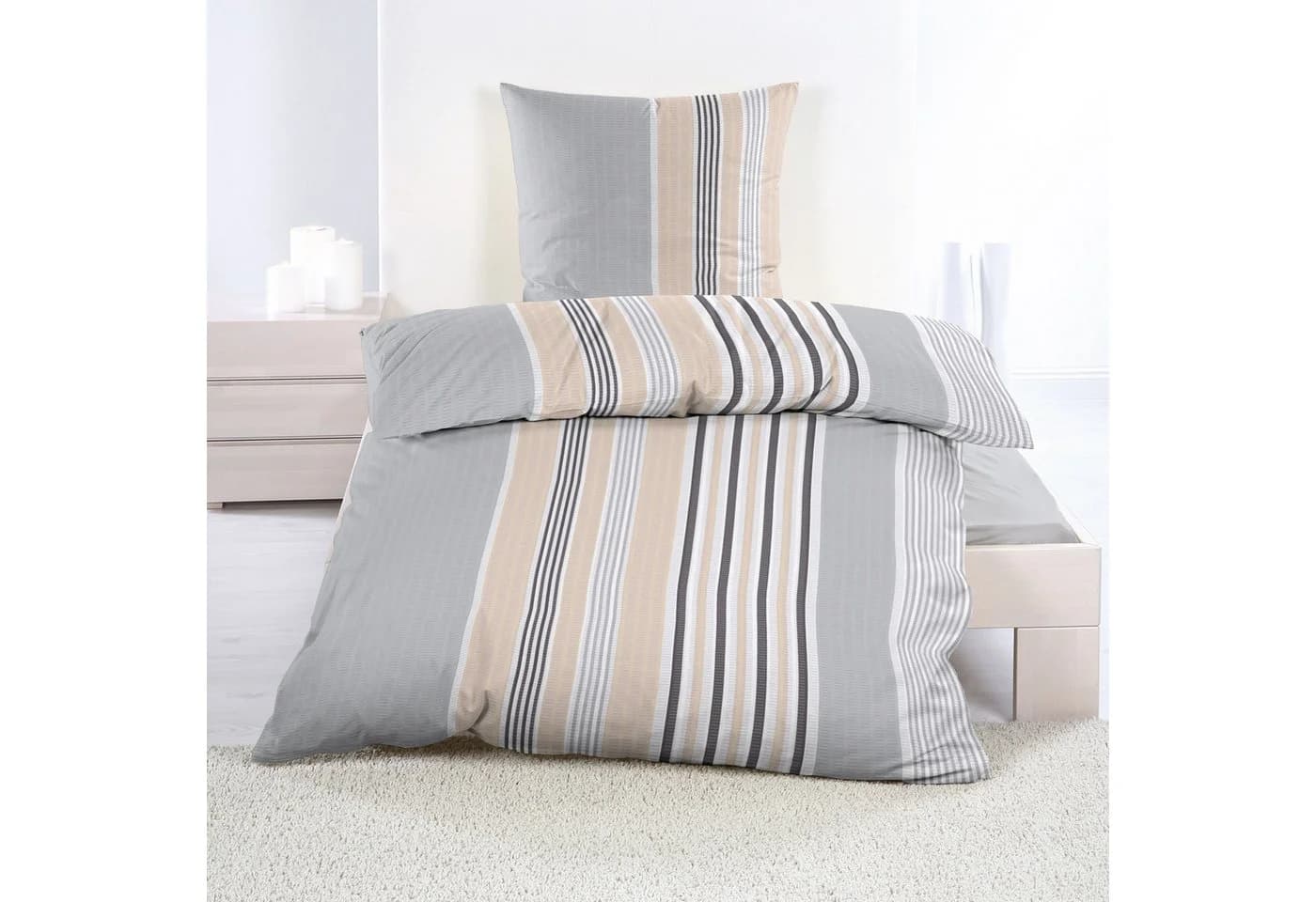 Casa Colori Bettwäsche Renforce Grau Beige Gestreift 100% Baumwolle