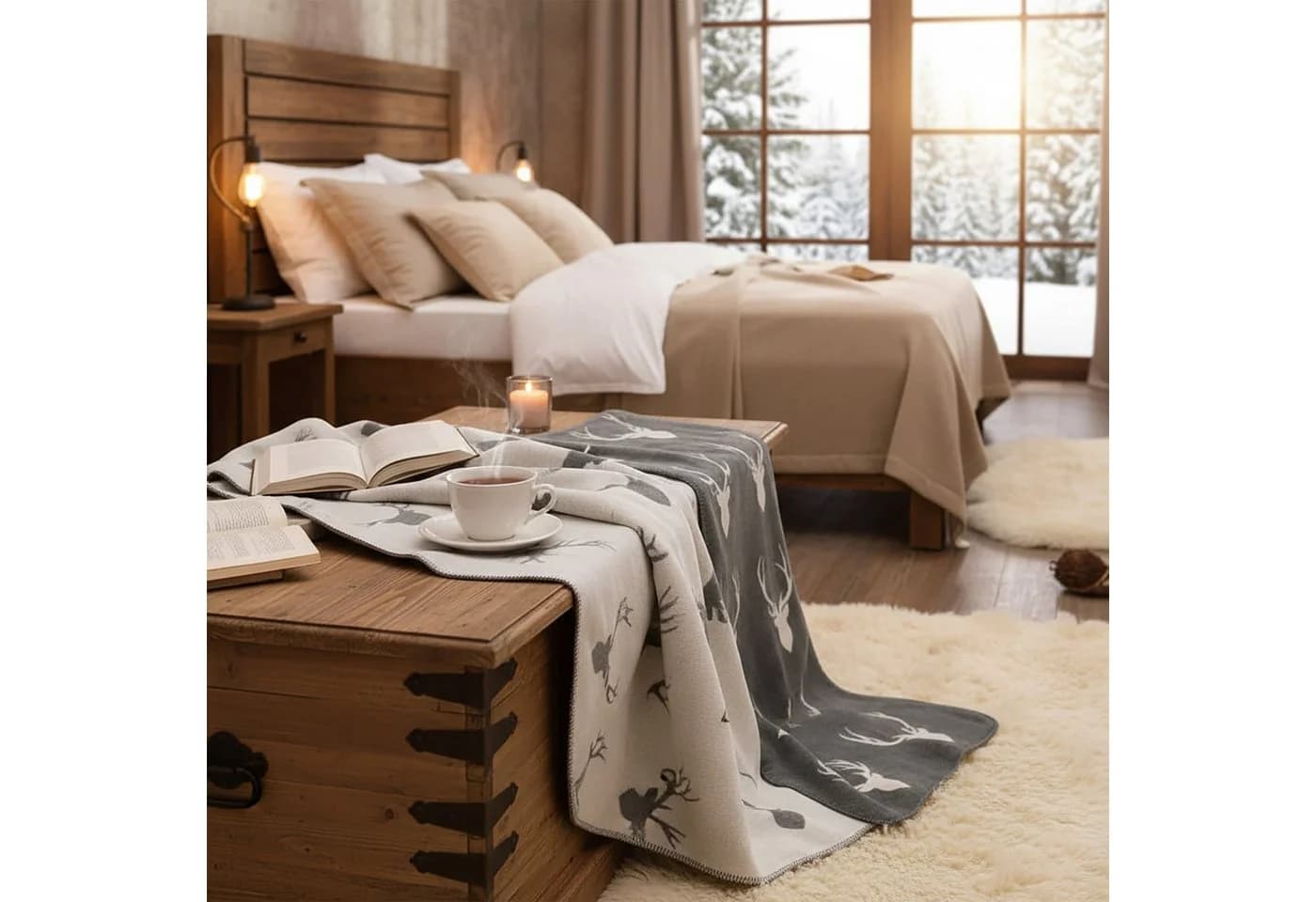 Casa Colori Wohndecke Kuscheldecke Hirsch Motiv Grau