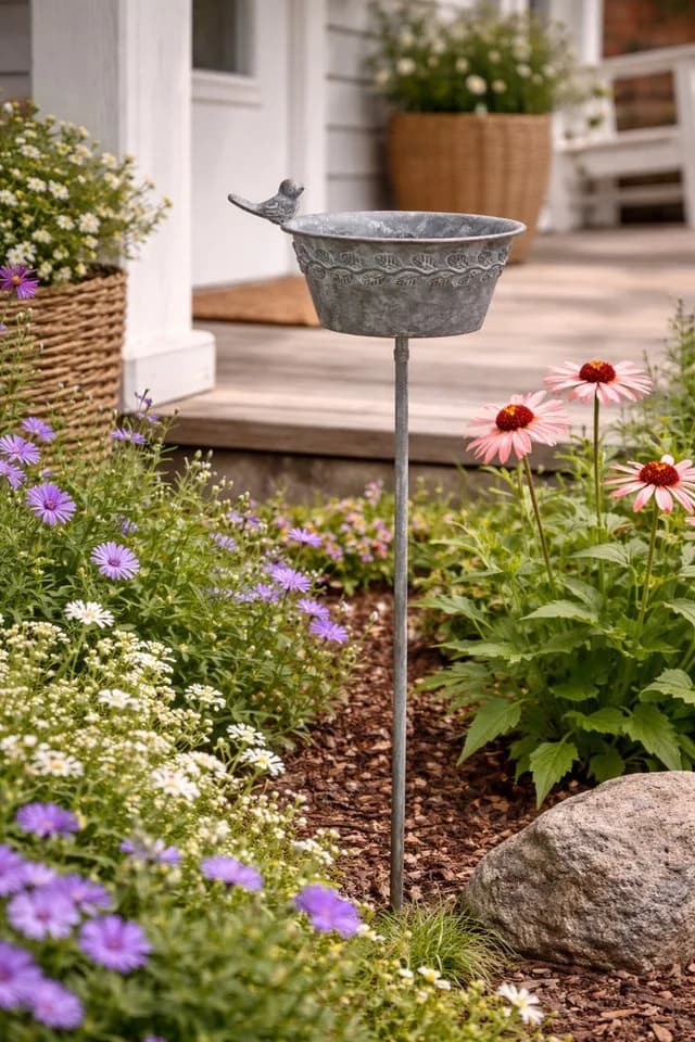 finehomegarden Vogeltränke Futterplatz Metall grau Vintage