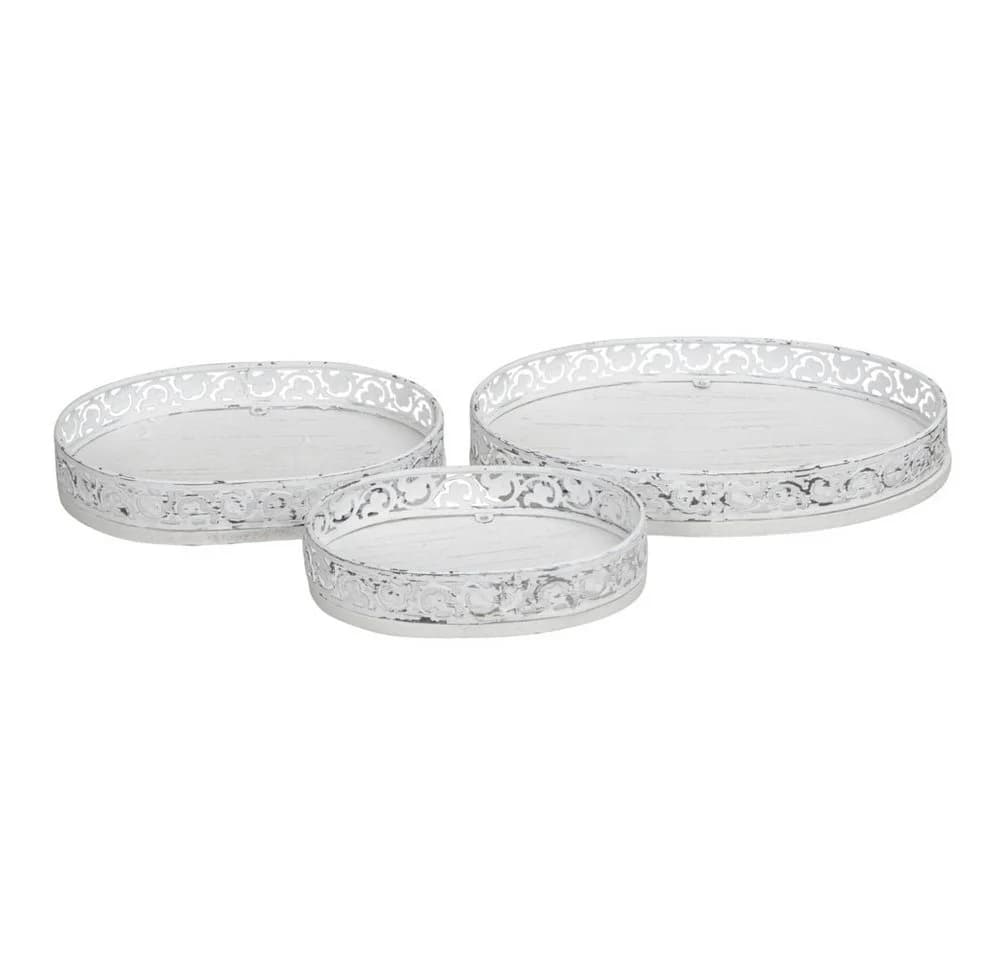 Posiwio Dekotablett Set 3-tlg. Rosalie Oval Weiß Grau Shabby Chic