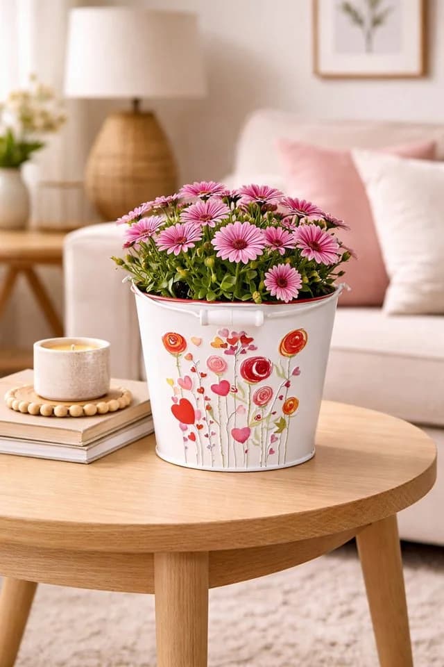 finehomegarden Blumentopf Metall-Eimer mit Henkel Herz/Blumen