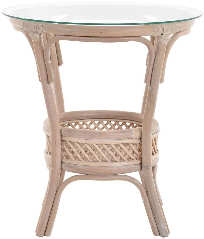 Krines Home Beistelltisch Rattan Vintage Weiß mit Glasplatte