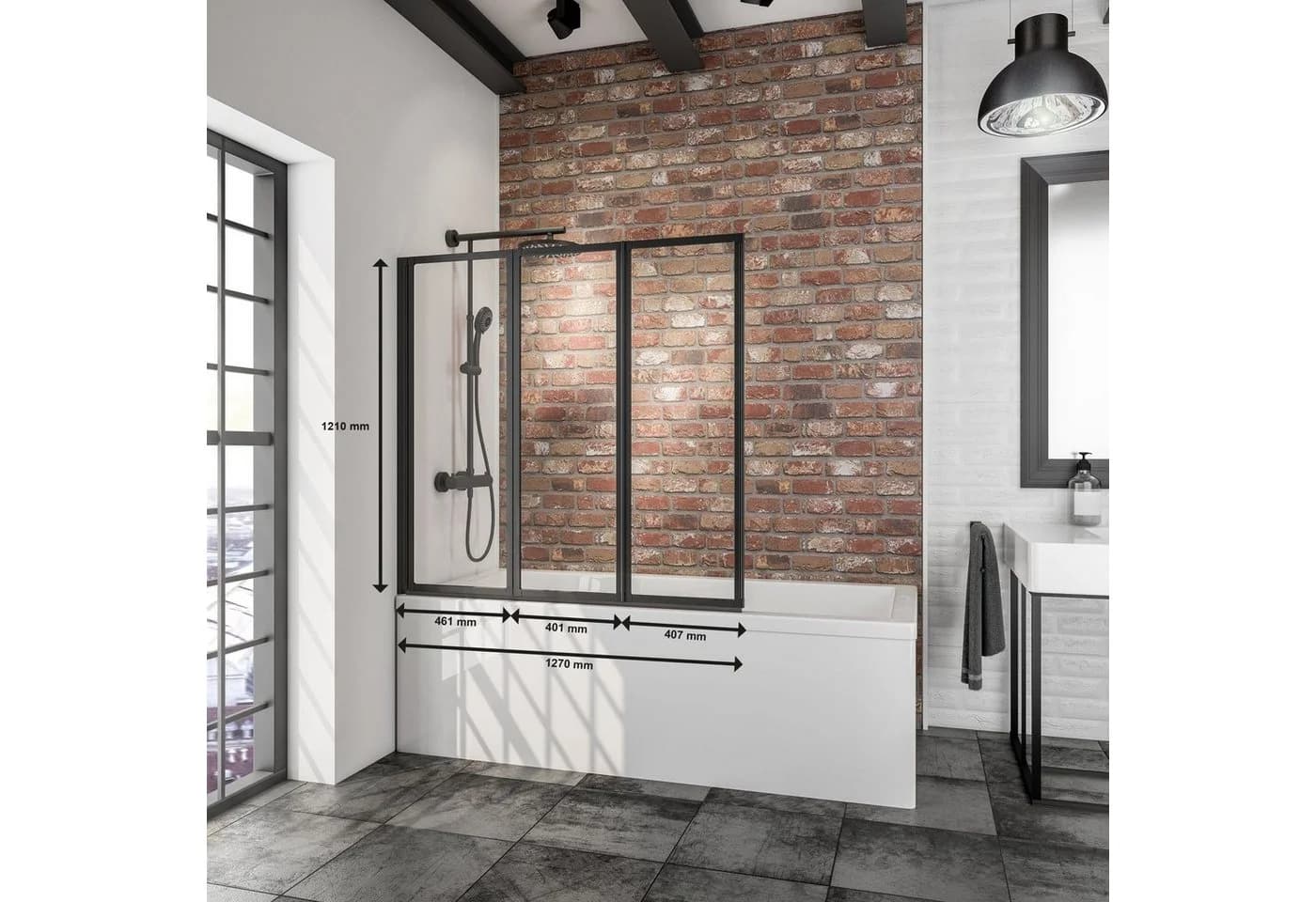 Schulte Badewannenfaltwand Black Style, Glas, 3-tlg, 127x140 cm, Klebe-Montage, Klar, Schwarz, 3 mm Sicherheitsglas