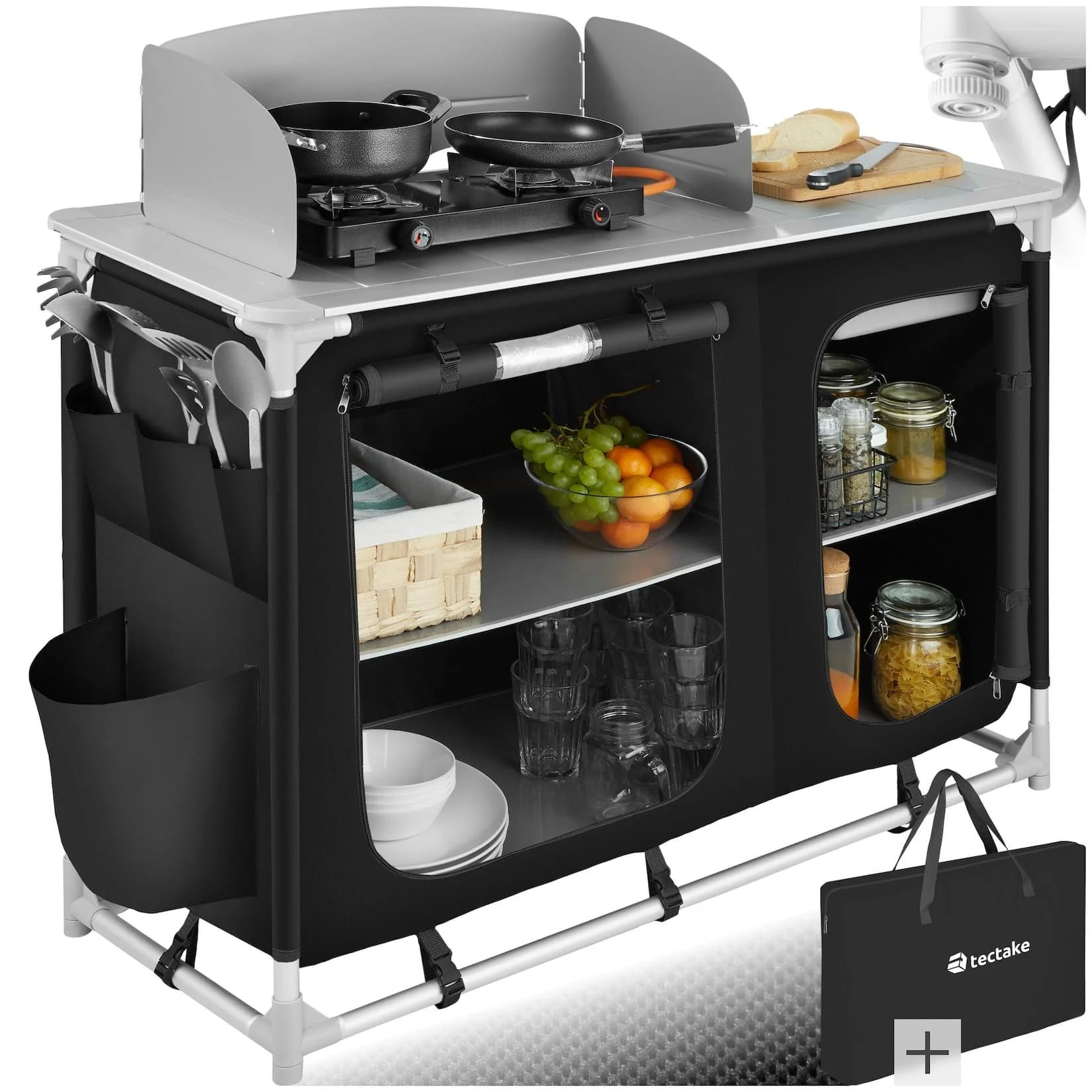 tectake Campingküche Luxus mit Aluminiumgestell und 4 Fächern