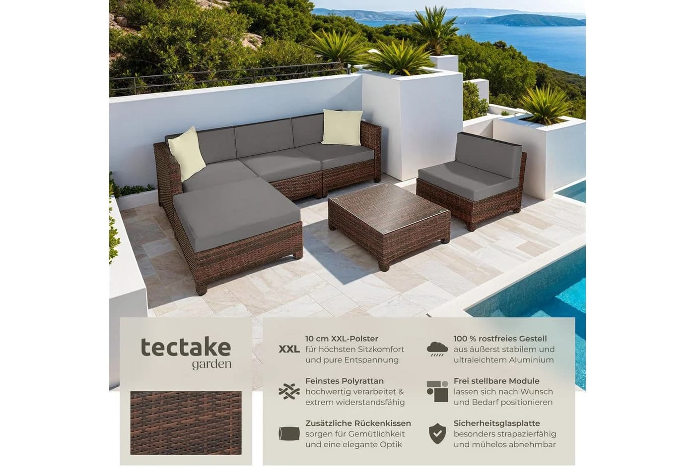 TECTAKE Loungeset Rattan Lounge 6-tlg. Beige/Grau Polyrattan Aluminium