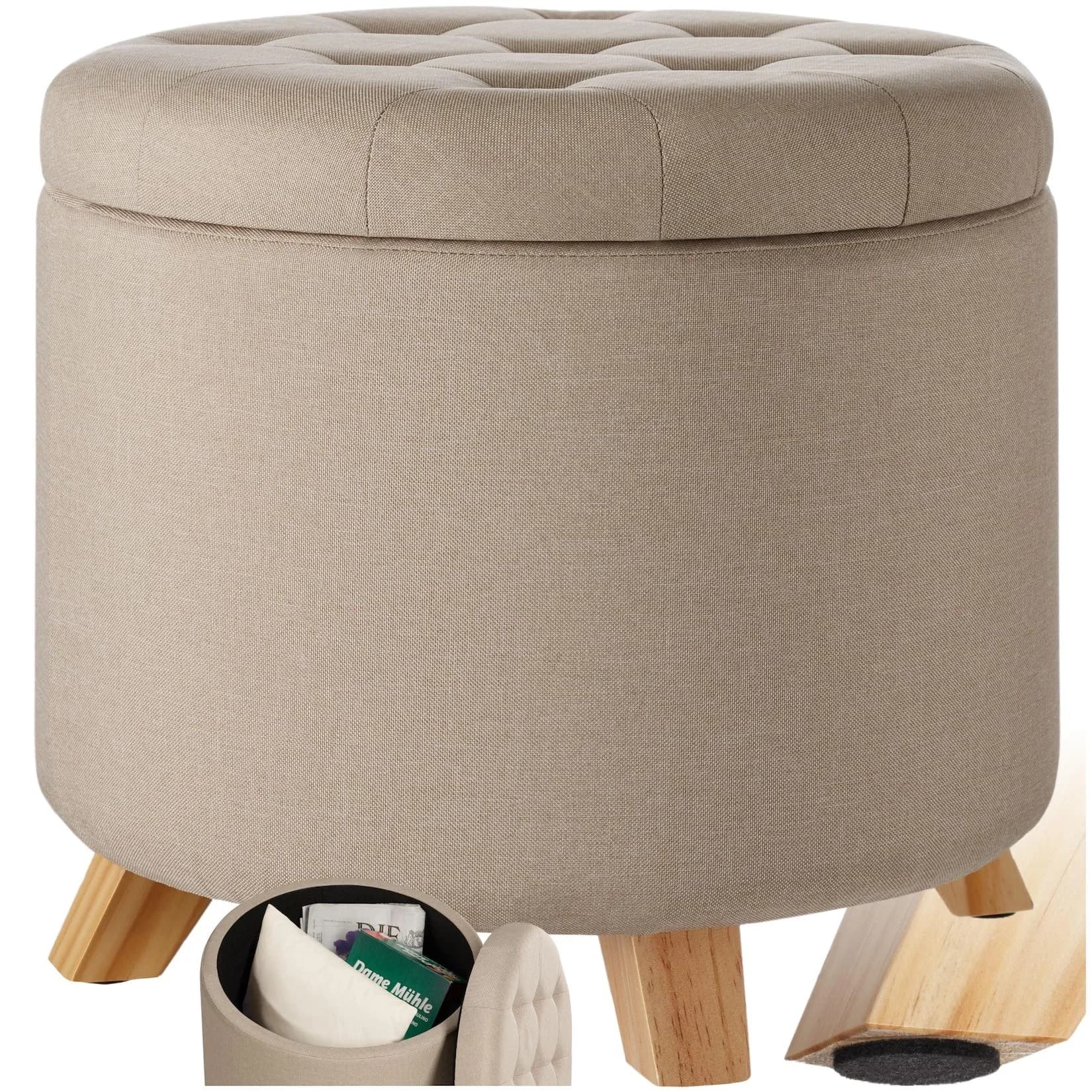 TecTake Sitzhocker mit Stauraum rund gepolstert Leinenoptik beige