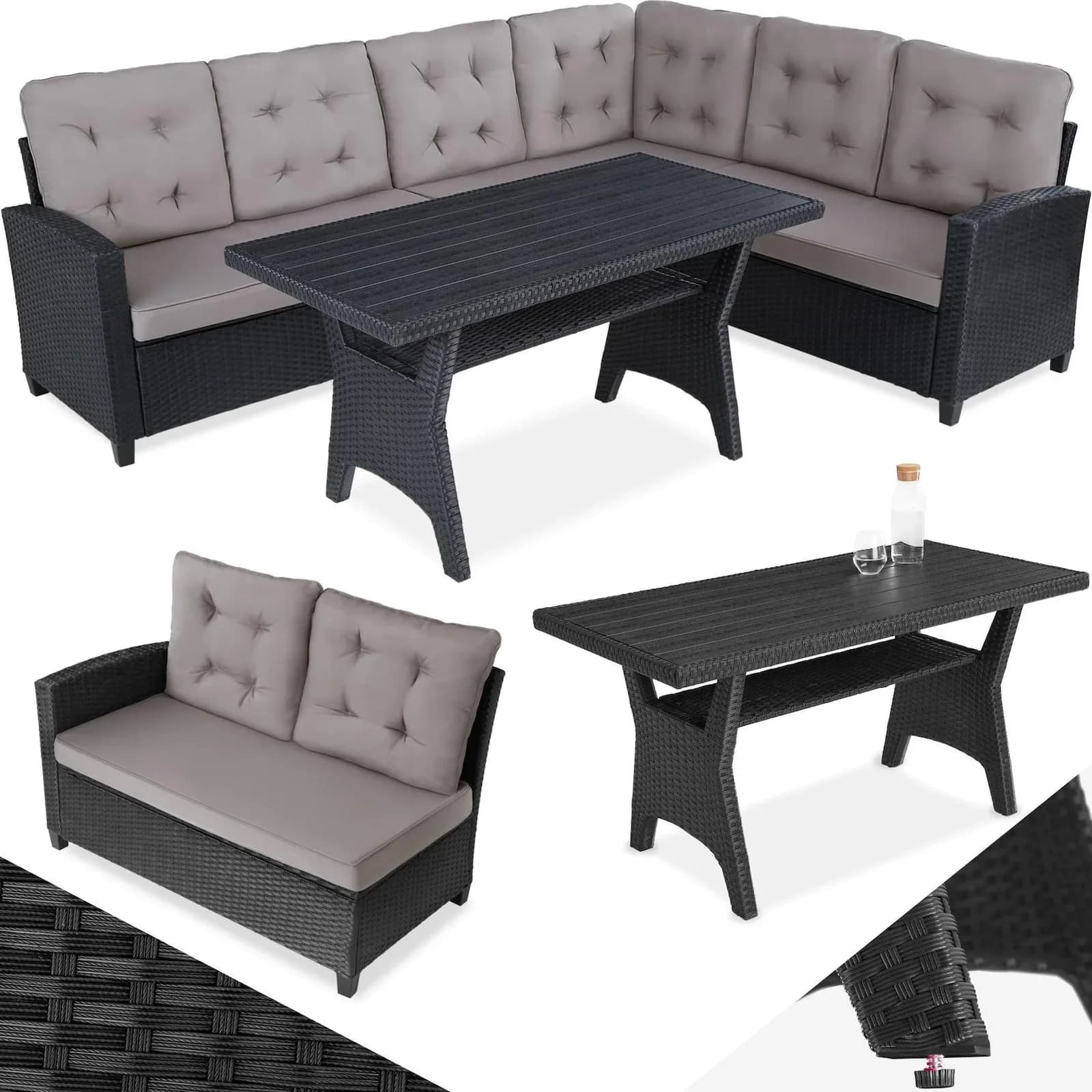 TECTAKE Loungeset Rattan 6-tlg. Schwarz UV-beständig mit Tisch