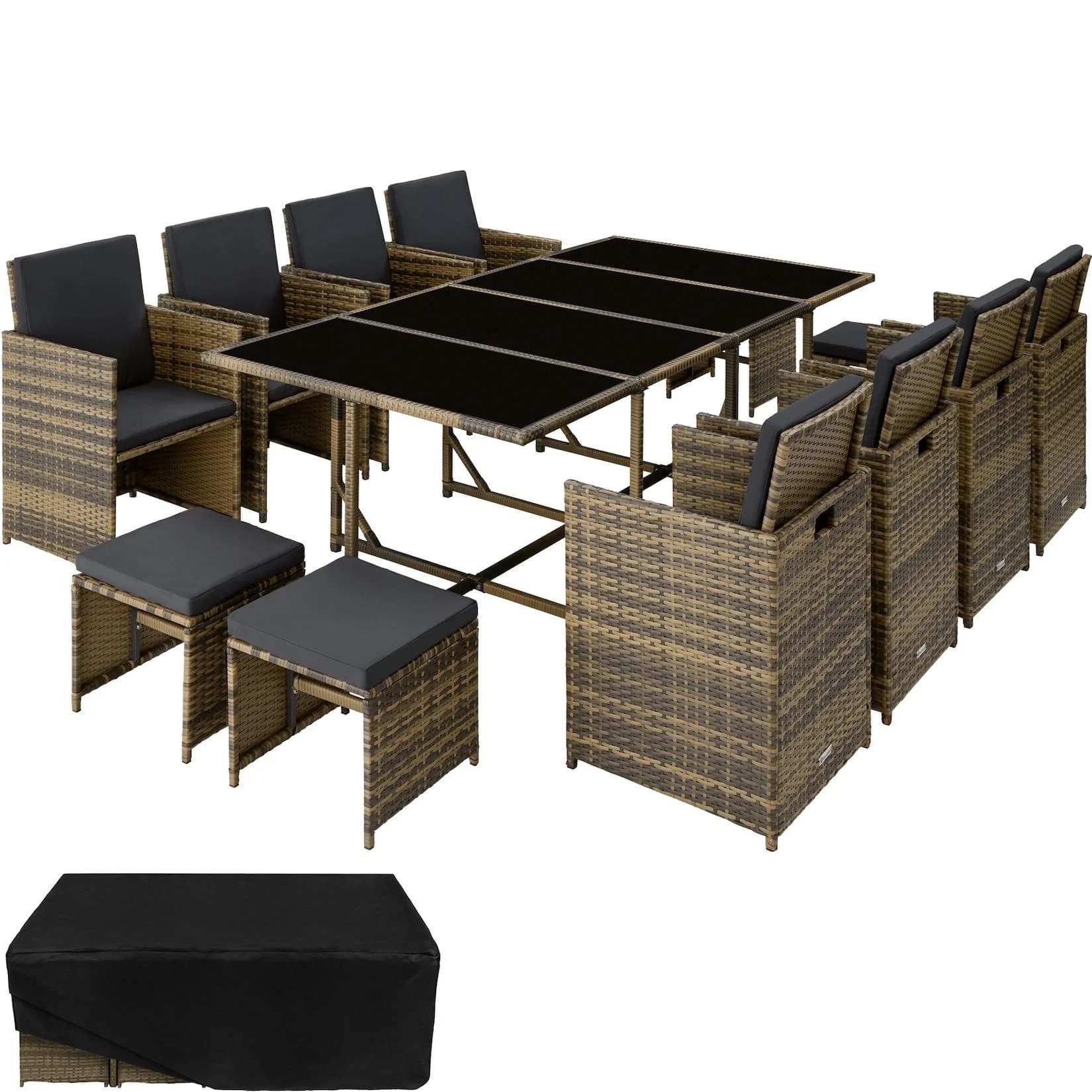 TECTAKE Sitzgruppe Palma 12-tlg. Beige/Grau Poly Rattan mit Würfelsystem