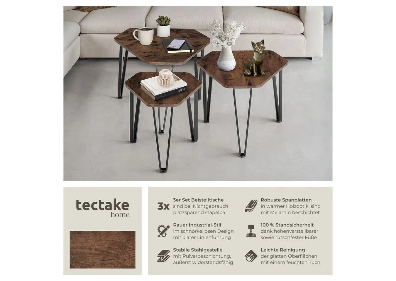 tectake Beistelltisch Torquay Dreiteiliges Set Industrial Style