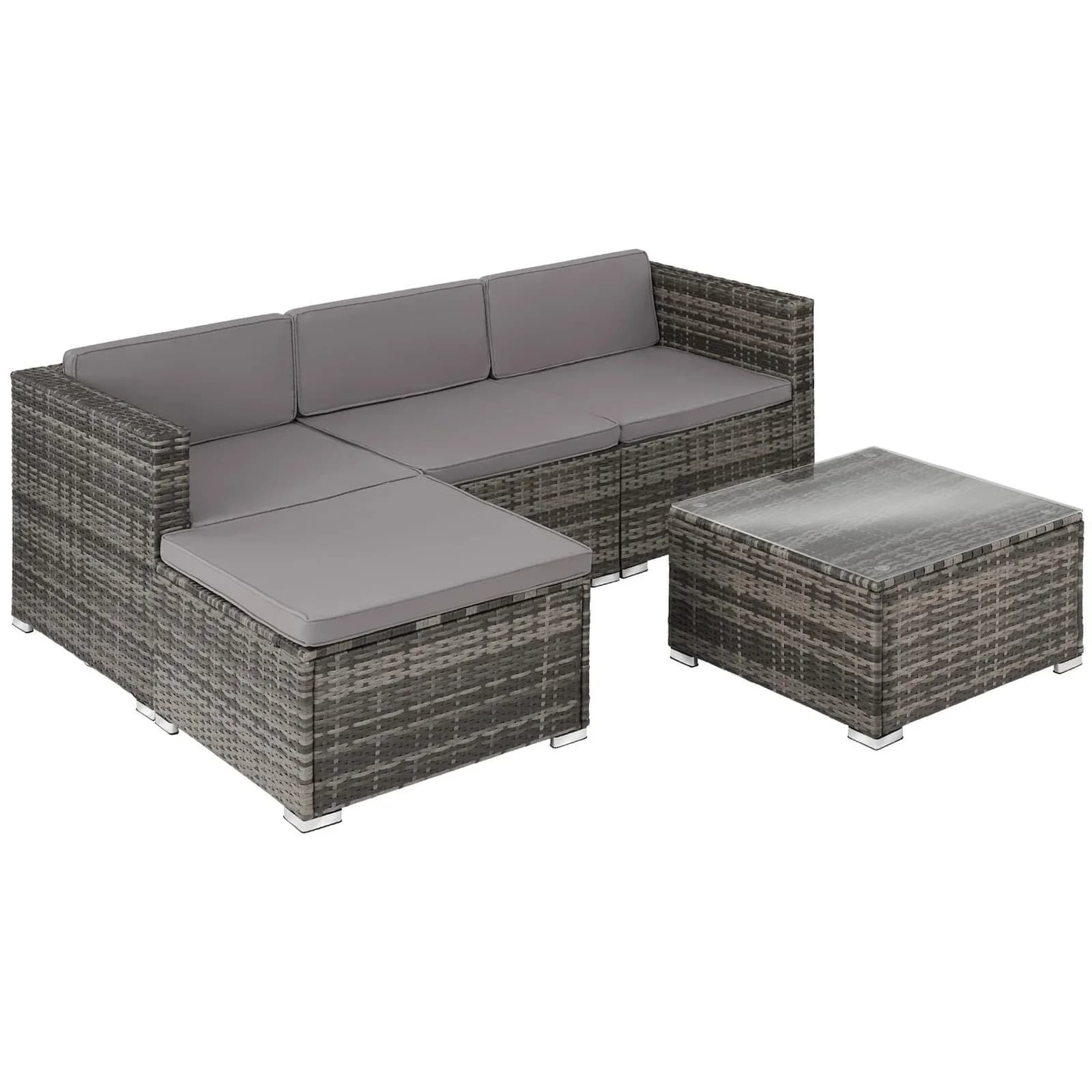TECTAKE Loungeset Rattan Grau 5-tlg. UV-beständig mit Sicherheitsglas