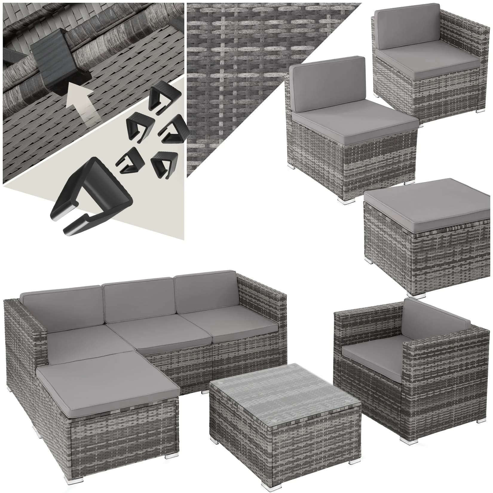 tectake Loungeset Lignano 6-tlg. Grau Rattan Outdoor