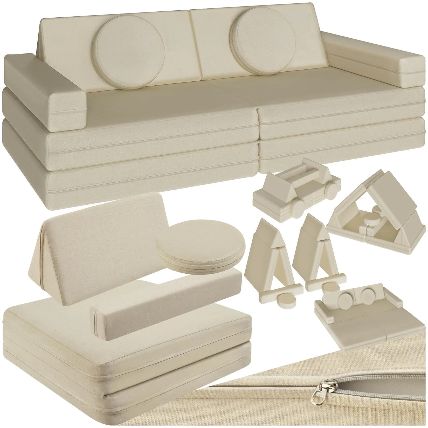 tectake Kindersofa Spielsofa Lilly 8-teilig Beige mit Schlaffunktion