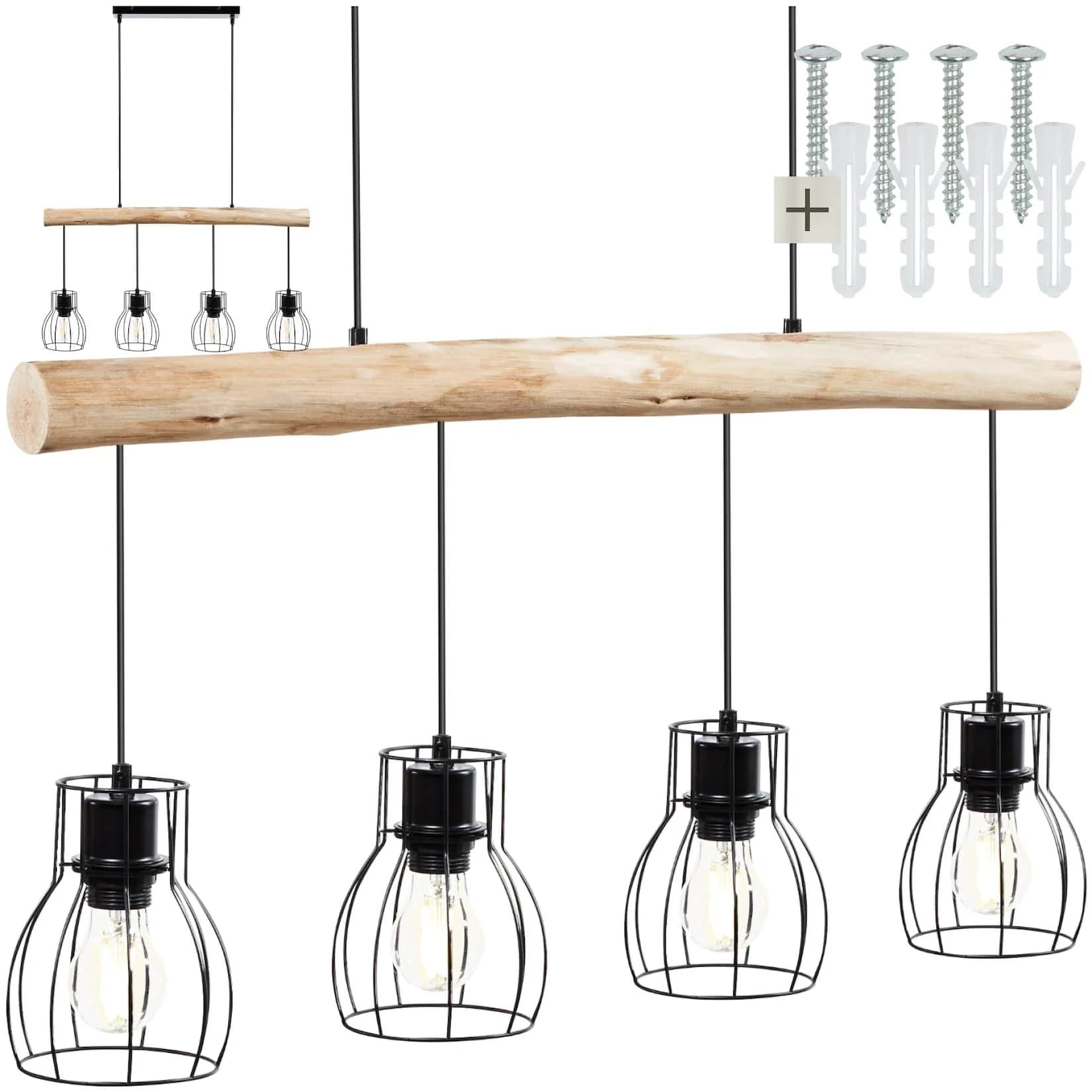 tectake Pendelleuchte Woody Industrial-Style 4x E27 Holz Stahl