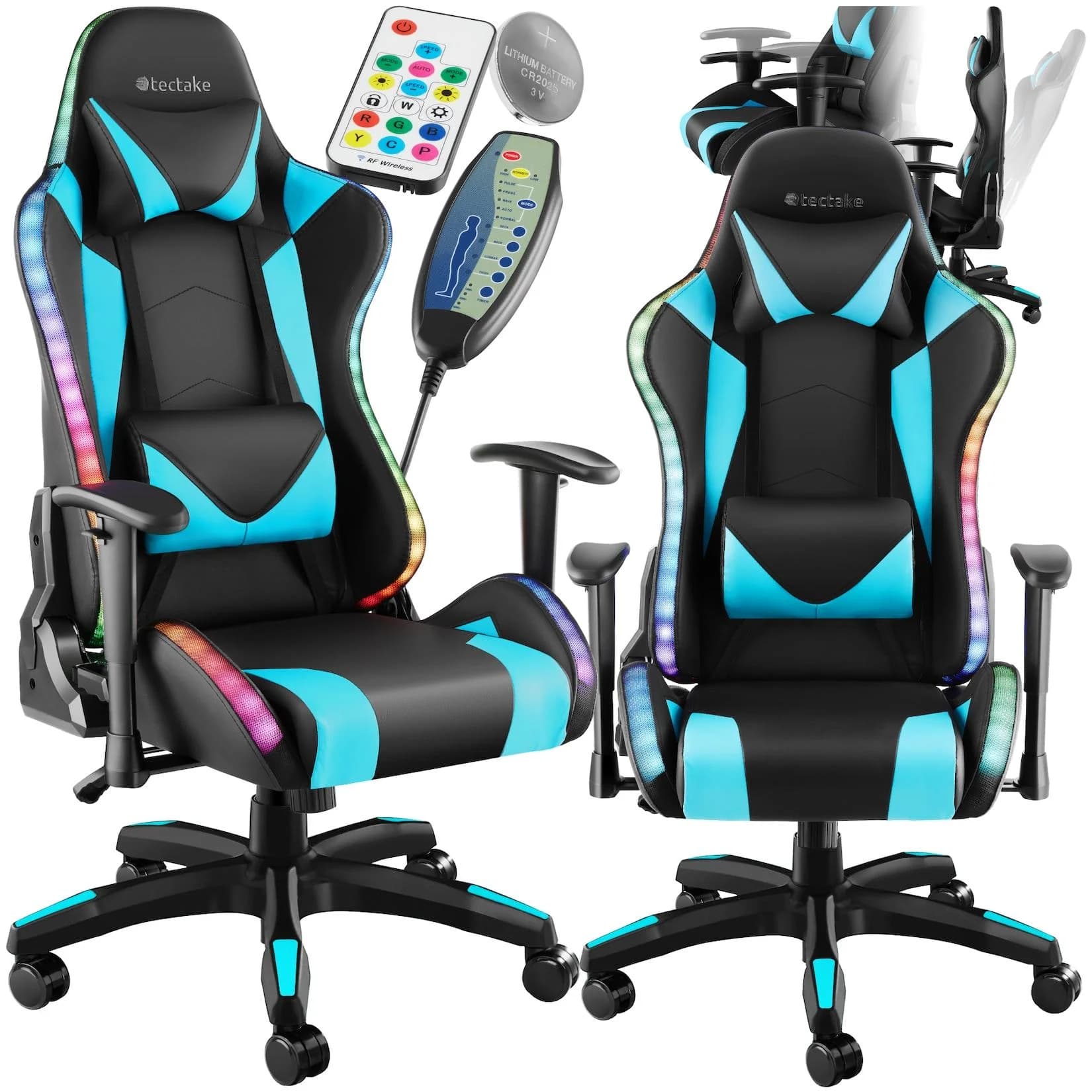 tectake Gaming-Stuhl Tartaros Schwarz/Blau mit LED & Massage