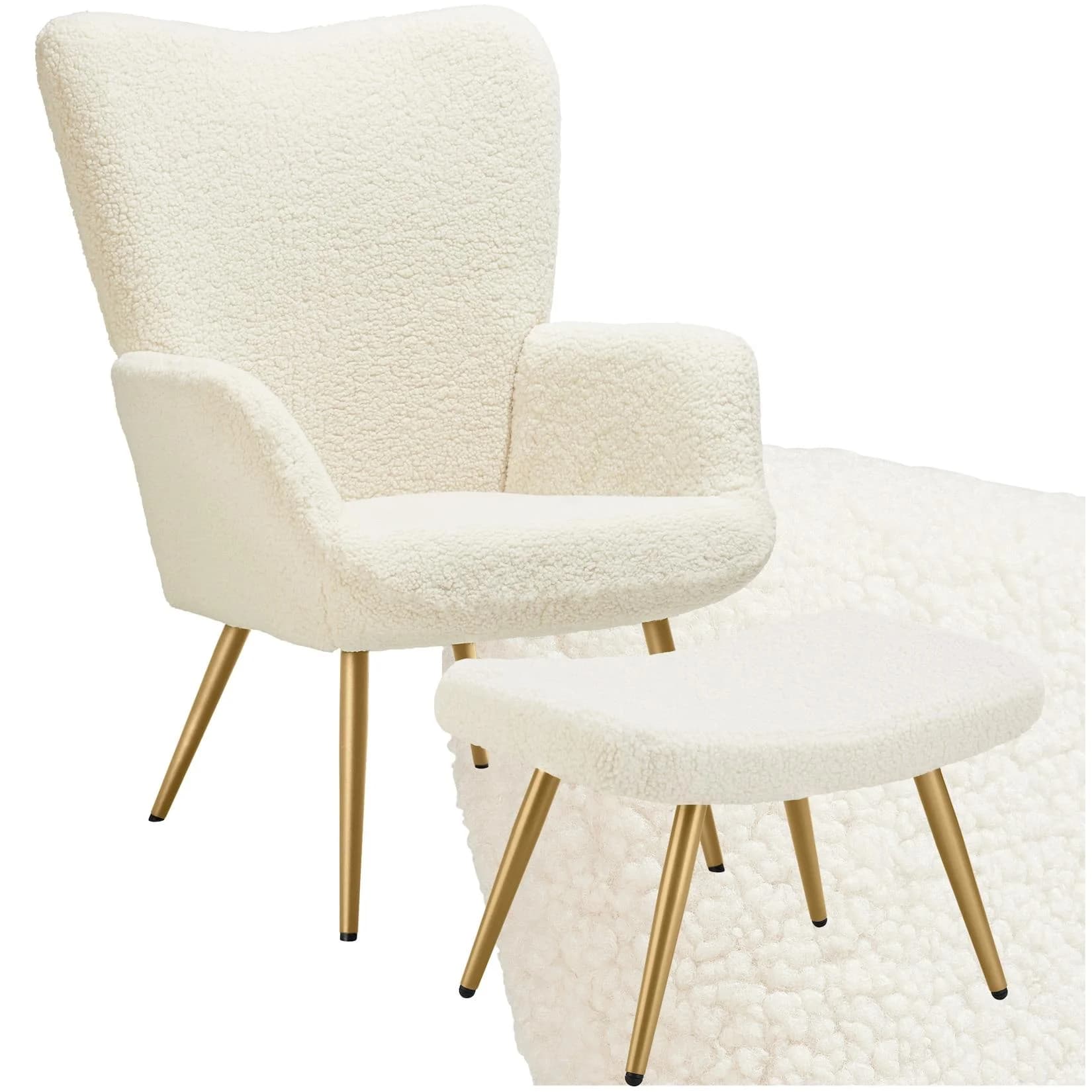 tectake Relaxsessel Hygge mit Hocker Bouclé Creme/Gold