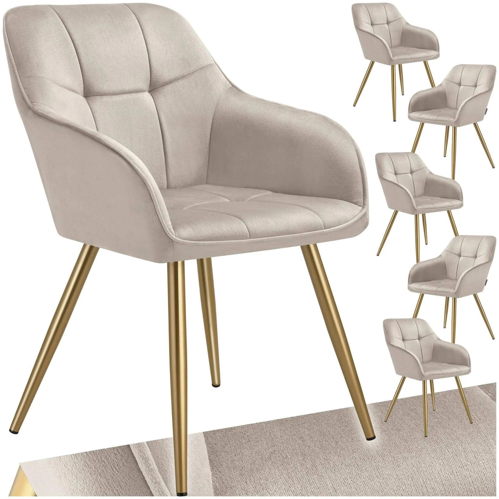 tectake Esszimmerstuhl Marilyn Set 6-tlg. Taupe Samtoptik Gold