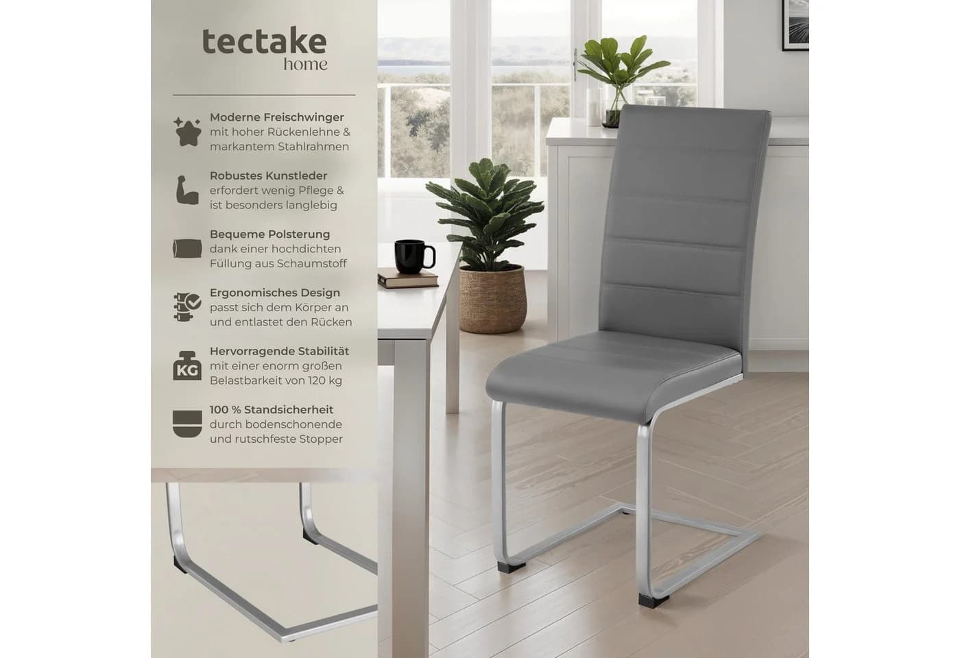 TECTAKE Esszimmerstuhl Set 4-tlg. Grau Kunstleder Schwingstuhl