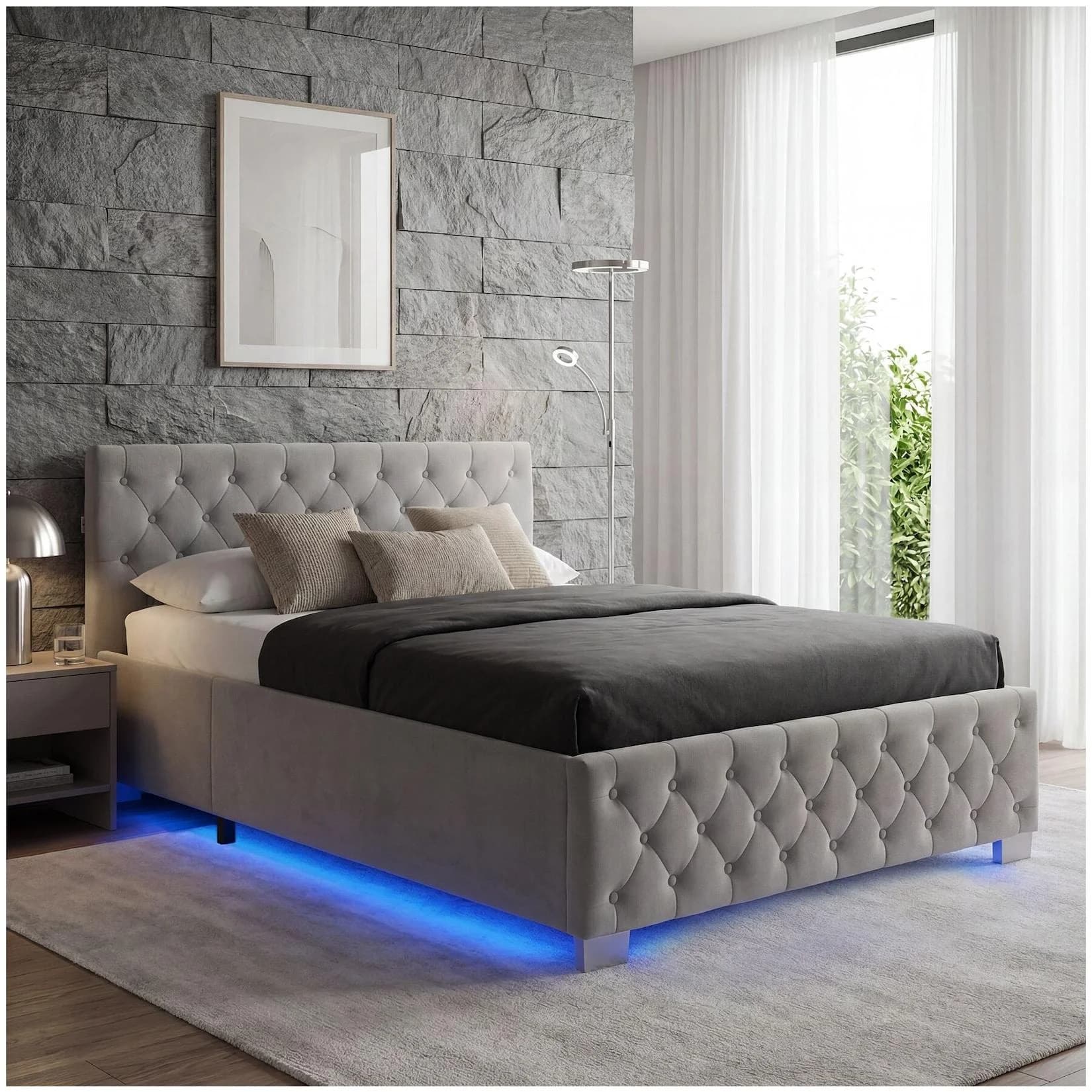 tectake Polsterbett Dunkelgrau mit LED & Stauraum