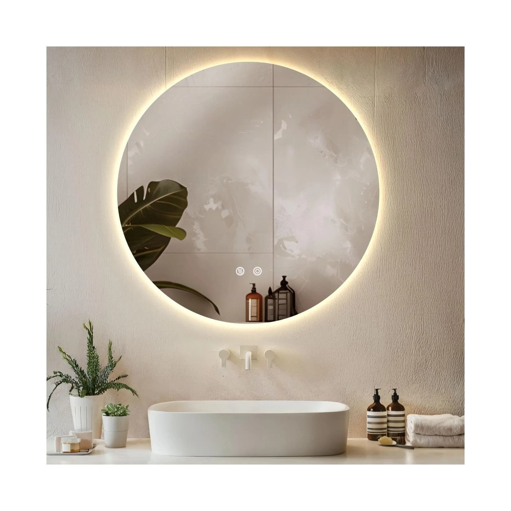 tectake® Runder LED Badezimmerspiegel, rahmenloses Design, Touchbedienung, Spiegelheizung