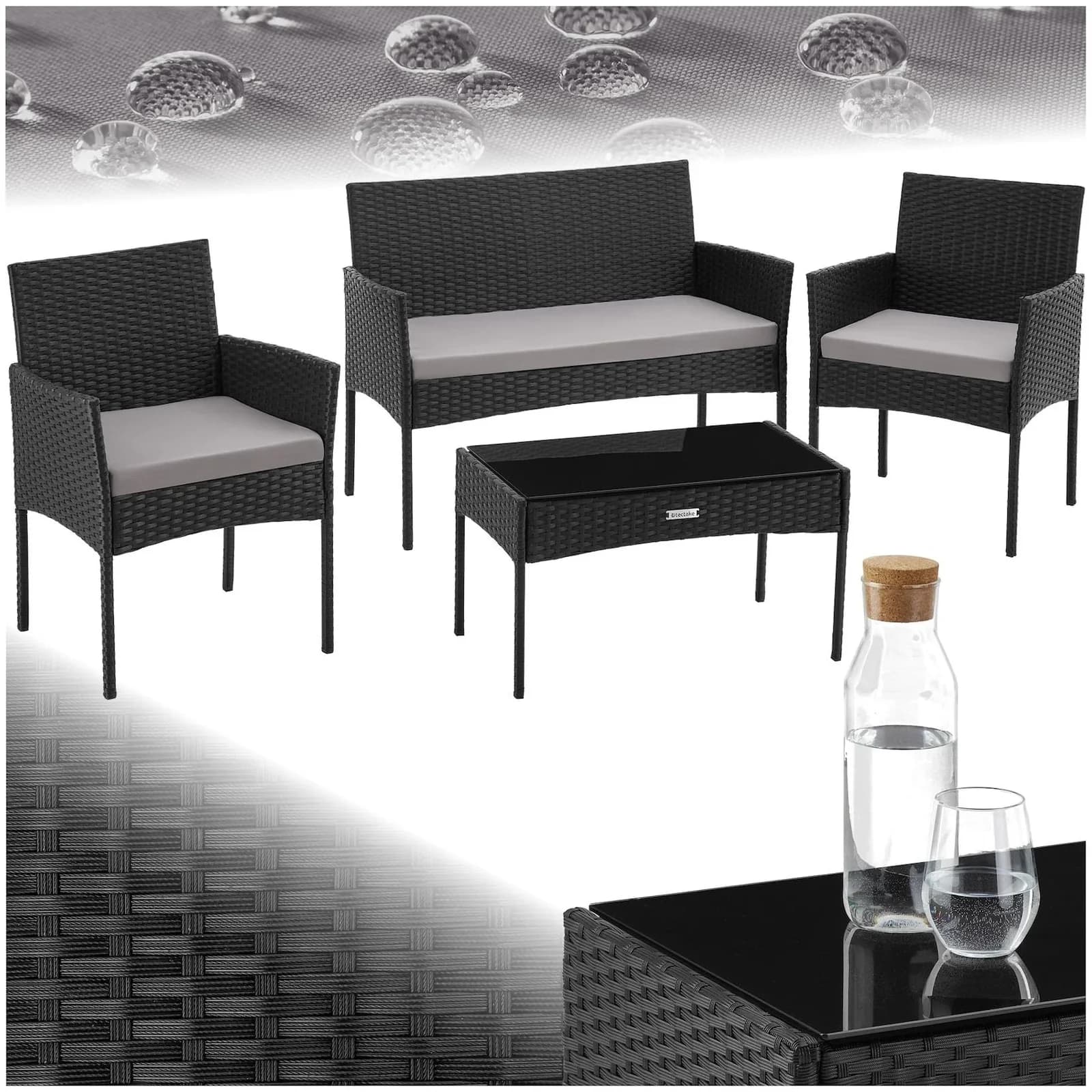 TECTAKE Sitzgruppe Rattan Gartenset 4-tlg. Schwarz mit Glasplatte