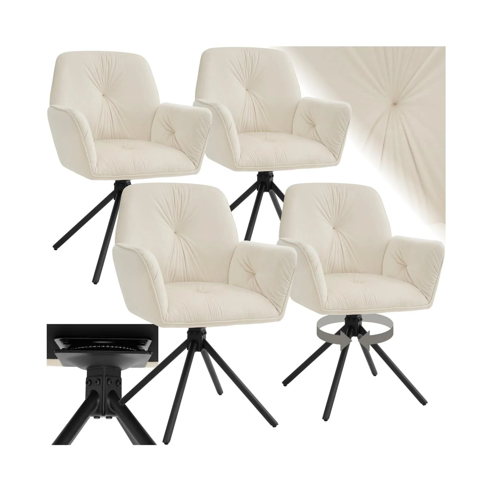 TECTAKE Esszimmerstuhl Daya Drehbar Samtoptik Creme Set 4 St