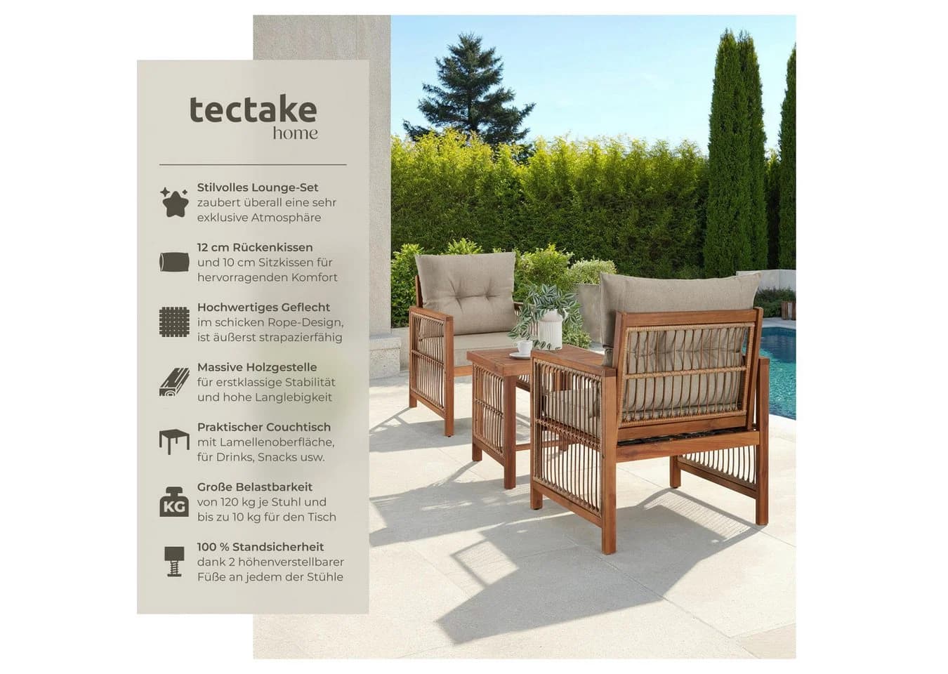 tectake Lounge-Set Eivissa 3-tlg. Polyrattan Akazienholz