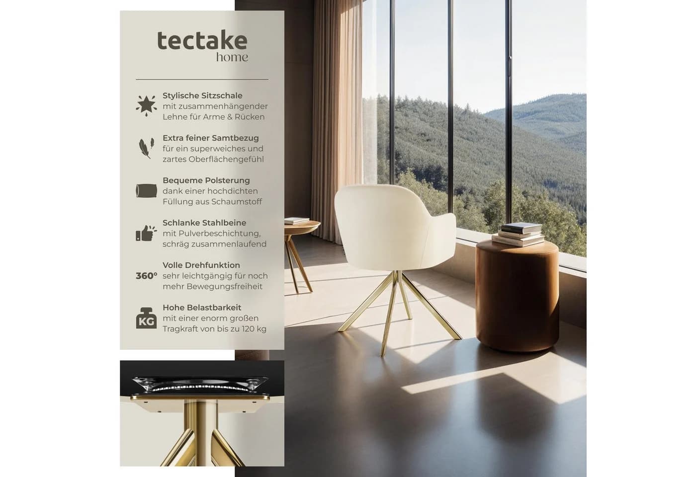 TECTAKE Samt-Drehstuhl Lona 6er Set Creme/Gold Gepolstert