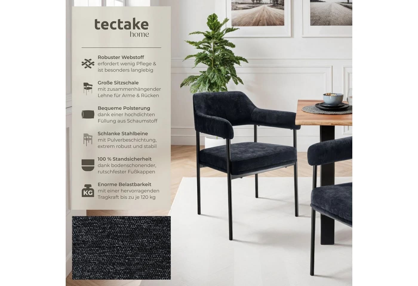 tectake Esszimmerstuhl Doé Schwarz Gepolstert Stahlbeine Set 2 St