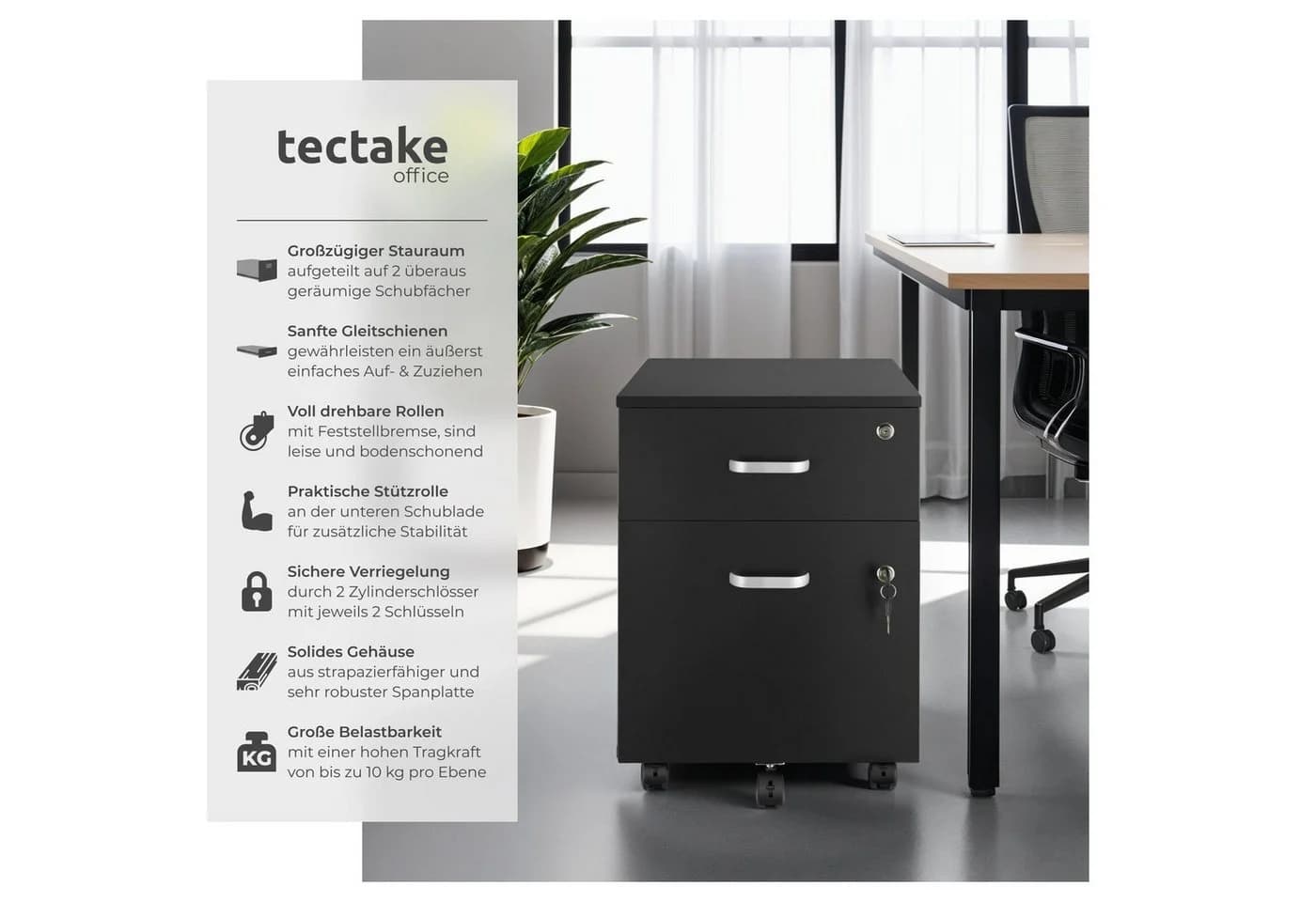 tectake Rollcontainer Vagur 2 Schubladen Schwarz