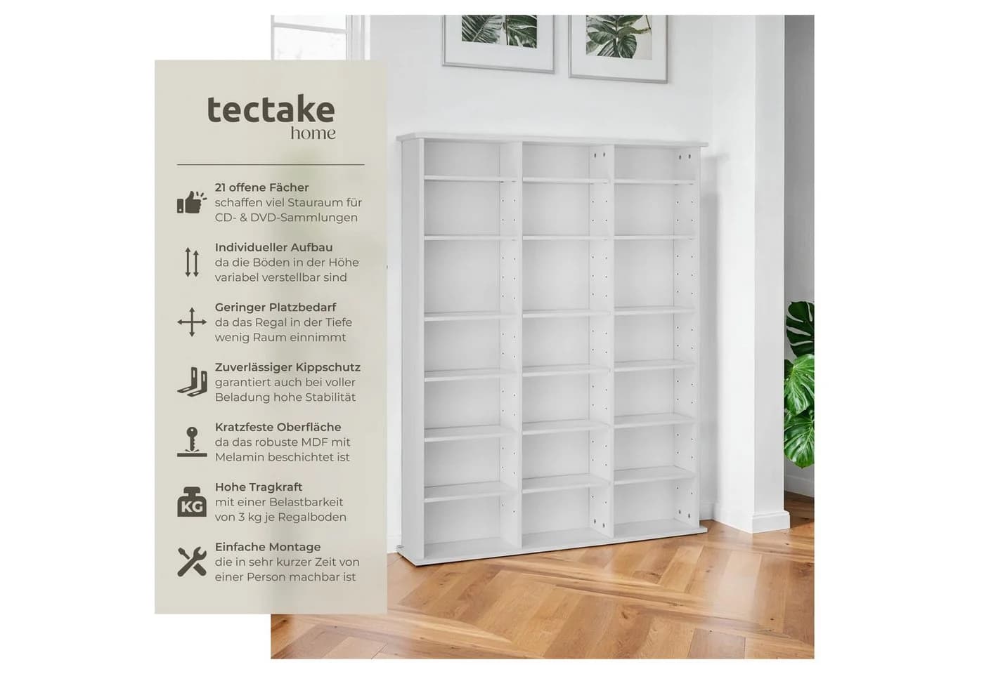 TECTAKE CD-Regal Stevie Weiß Matt Höhenverstellbar