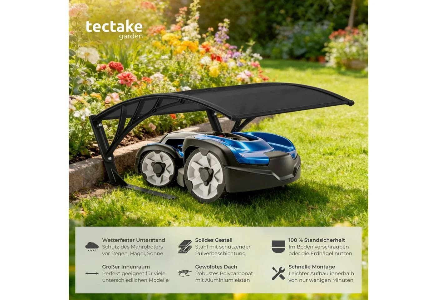 tectake Mähroboter-Garage Rasenmäher-Roboter-Garage, Dach aus UV-beständigem Polycarbonat und Aluminium