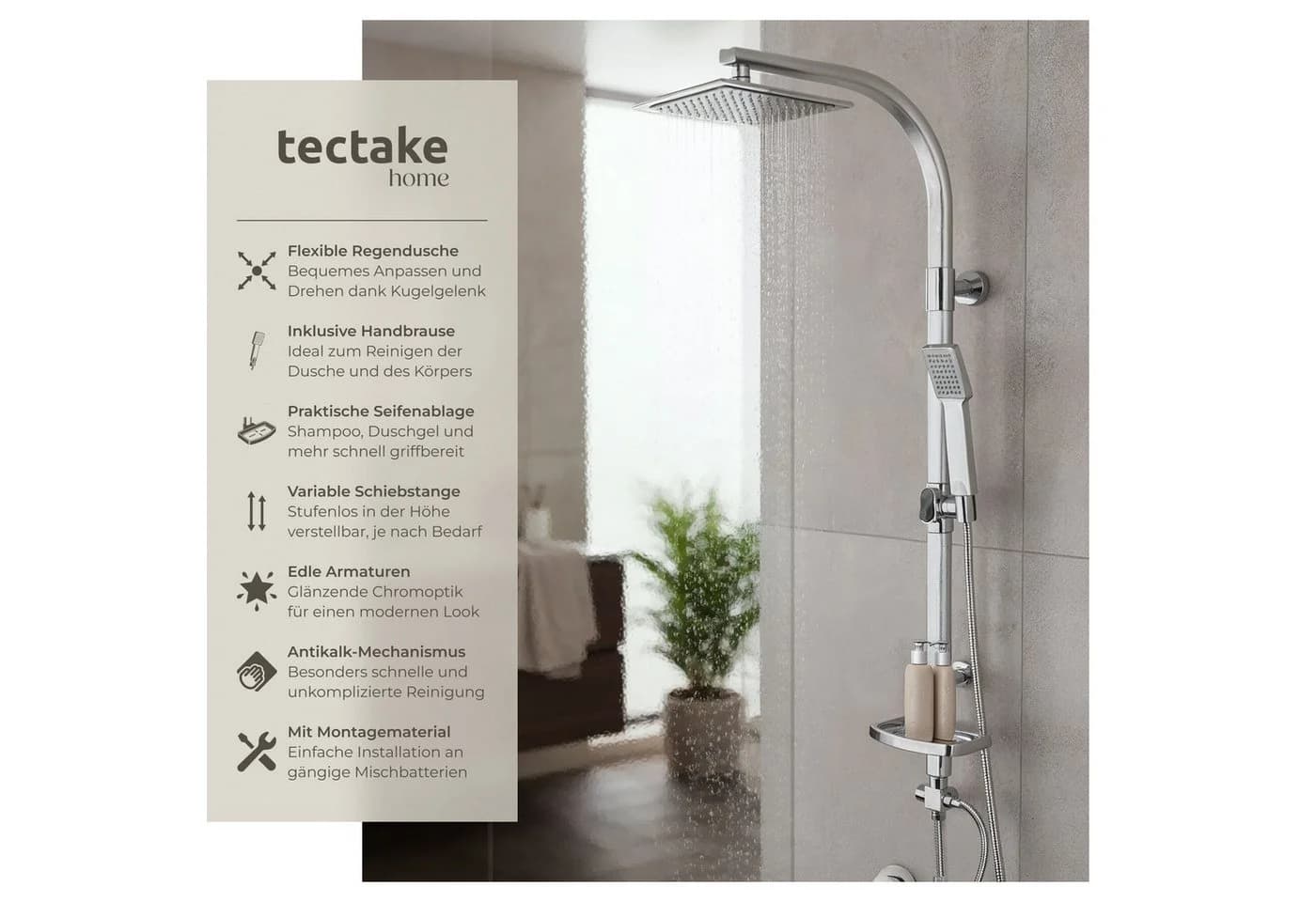 tectake Regenduschsystem Aluminium Chrom-Optik mit Handbrause